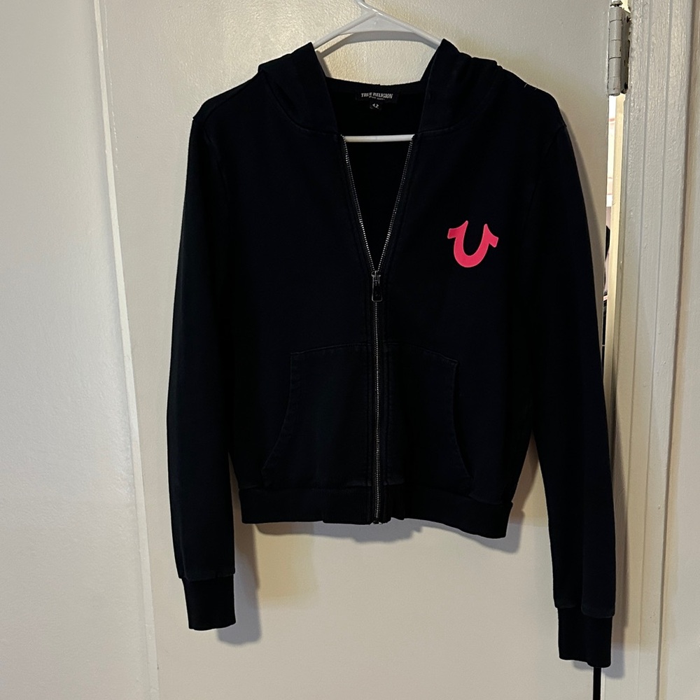 True Religion Black Zip-Up Hoodie with Pink Emblem